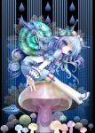  antenna bad_id belt blue_eyes blue_hair curly_hair long_hair mushroom original pointy_ears shell skirt snail_girl suwa 