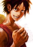  black_eyes black_hair clenched_hand fist grin hat lack male monkey_d_luffy one_piece painterly smile solo straw_hat vest 