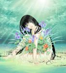  black_hair flower fukuoka_asahi green_eyes highres lips long_hair nature nude original 