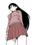  azumanga_daioh black_hair blush from_below long_hair monochrome pleated_skirt sakaki sakaki_imasato school_uniform serafuku skirt solo 