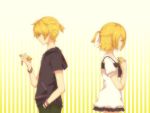  back-to-back bad_id blonde_hair casual cellphone hand_in_pocket kagamine_len kagamine_rin oharu phone ponytail profile short_hair siblings striped striped_background tears twins vocaloid why_don&#039;t_you_call_me_yet 