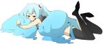  bad_id blue_hair hatsune_miku long_hair lying on_stomach simple_background skirt thigh-highs thighhighs tmy twintails very_long_hair vocaloid zettai_ryouiki 