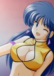  blue_eyes blue_hair breasts cleavage dirty_pair long_hair open_mouth yellow_dresses yuri_(dirty_pair) 