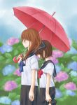  brown_hair chitose_kiiro flower hydrangea multiple_girls profile rain school_uniform serafuku umbrella 