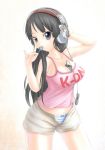  akiyama_mio between_breasts black_eyes black_hair breasts candy casual headphones highres ipod_touch k-on! large_breasts lollipop long_hair panties product_placement sho-he- shorts solo striped striped_panties tank_top underwear unzipped 