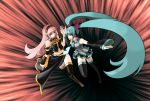  aqua_eyes aqua_hair blue_eyes boots hatsune_miku long_hair megurine_luka midriff multiple_girls necktie pink_hair rotix skirt smile thigh-highs thighhighs twintails very_long_hair vocaloid zettai_ryouiki 