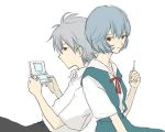  back-to-back back_to_back blue_hair lowres lrk nagisa_kaworu neon_genesis_evangelion nintendo_ds pale_skin red_eyes school_uniform silver_hair stylus 