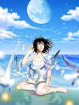  bird black_hair book dress fukuoka_asahi moon ocean original seagull short_hair water 