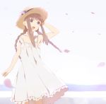  bare_shoulders braid brown_hair double_tooth dress fang hand_on_hat hat long_hair mosuko original payot purple_eyes straw_hat sundress twin_braids violet_eyes 