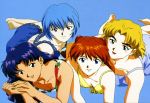  4girls ayanami_rei barefoot blonde_hair blue_eyes blue_hair earrings highres jewelry katsuragi_misato lingerie neon_genesis_evangelion red_eyes red_hair redhead scan short_hair smile souryuu_asuka_langley twintails underwear 