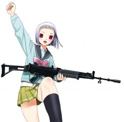  black_legwear blush bob_cut bow clenched_hand fn_fnc fnc gun kneehighs lowres purple_eyes raised_fist rifle school_uniform serafuku silver_hair simple_background skirt upotte!! weapon white_background 