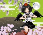  1girl :q black_hair black_wings camera egasumi flower geta hat moon shameimaru_aya short_hair skirt solo tengu-geta tokin_hat tongue touhou tsukimido wings 