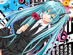  aqua_hair butterfly daisy daisy_(flower) dutch_angle flower formal hair_ribbon hatsune_miku necktie pengin_guriko ribbon saihate_(vocaloid) skirt skirt_suit suit tears vocaloid 