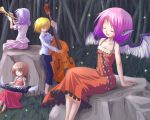  animal_ears arinu bamboo bamboo_forest blonde_hair brown_hair cello closed_eyes dress forest grass hair_ornament instrument keyboard keyboard_(instrument) lavender_hair lunasa_prismriver lyrica_prismriver merlin_prismriver multiple_girls mystia_lorelei nature pink_hair rock singing sitting skirt touhou trumpet 