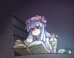  1girl bangs book bookshelf crescent cup drinking hat jar kirisame_marisa library mushroom patchouli_knowledge phenne purple_eyes purple_hair reading teacup theft touhou translated violet_eyes voile witch_hat 