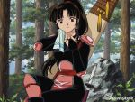  1024x768 brown_eyes brown_hair female forest inuyasha nature ponytail rock sango sweat sword trees wallpaper weapon 