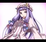 bow capelet crescent hair_bow hat letterboxed neck_ribbon open_mouth patchouli_knowledge purple_eyes purple_hair ribbon striped touhou tsurime 