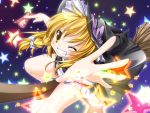  broom broom_riding foreshortening grin hands hat kirisame_marisa masaki_kei outstretched_arm outstretched_hand reaching smile touhou wink witch witch_hat 