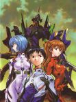  ayanami_rei blue_eyes blue_hair eva_00 eva_01 eva_02 highres ikari_shinji neon_genesis_evangelion plugsuit red_hair redhead sadamoto_yoshiyuki scan short_hair souryuu_asuka_langley twintails 