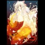  bad_id bow fire fujiwara_no_mokou grin hair_bow long_hair open_clothes open_shirt red_eyes shirt silver_hair smile solo toufu touhou 