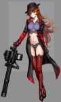  1girl as109 ass_visible_through_thighs black_gloves black_panties boots breasts coat gatling_gun gloves green_eyes gun hat high_heel_boots high_heels highres large_breasts long_hair looking_at_viewer m.a.d_mafia_is_all_dead navel panties red_legwear redhead shirt short_shorts shorts simple_background solo thigh-highs tied_shirt underwear weapon 