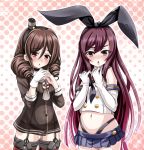  2girls :o amatsukaze_(kantai_collection) amatsukaze_(kantai_collection)_(cosplay) bikini black_hat black_ribbon blue_skirt blush brown_hair brown_shirt buttons chestnut_mouth drill_hair elbow_gloves eyebrows eyebrows_visible_through_hair garter_straps gloves hair_ribbon hairband halftone halftone_background harukaze_(kantai_collection) hat kamikaze_(kantai_collection) kantai_collection long_hair long_sleeves looking_at_viewer mini_hat miniskirt multiple_girls navel neckerchief open_mouth own_hands_together pleated_skirt purple_hair red_eyes revision ribbon school_uniform see-through serafuku shimakaze_(kantai_collection) shimakaze_(kantai_collection)_(cosplay) shirt single_glove skirt sleeve_cuffs sleeveless sleeveless_shirt sparkle standing stomach swimsuit thigh_strap thong_bikini tk8d32 twin_drills twintails very_long_hair violet_eyes white_gloves white_shirt 