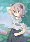  1girl akagashi_hagane animal_ears black_bra bra flower grey_hair grey_skirt hair_between_eyes highres jewelry looking_up mouse_ears mouse_tail nazrin pendant rain red_eyes see-through skirt skirt_set solo tail touhou tree under_tree underwear wet wet_clothes 