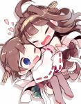  &gt;_o 2girls brown_hair chibi closed_eyes fang hairband hiei_(kantai_collection) hug japanese_clothes kantai_collection kongou_(kantai_collection) kyou_(nekoneko) multiple_girls no_legwear nontraditional_miko one_eye_closed open_mouth short_hair simple_background skirt white_background 