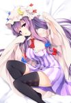  1girl black_legwear breasts capelet coat commentary_request crescent dress hair_ribbon hat large_breasts long_hair long_sleeves looking_at_viewer lying mob_cap nnyara on_side open_clothes open_coat open_mouth patchouli_knowledge purple_dress purple_hair ribbon solo striped striped_dress thigh-highs thighs touhou tress_ribbon very_long_hair violet_eyes wide_sleeves zettai_ryouiki 