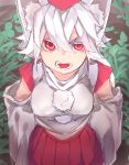  1girl albino animal_ears colored detached_sleeves from_above hat highres inubashiri_momiji japanese_clothes long_sleeves looking_at_viewer open_mouth pom_pom_(clothes) red_eyes reiga_(act000) shirt short_hair sketch skirt solo tokin_hat touhou white_hair wide_sleeves wolf_ears 