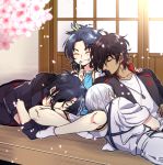  4boys ^_^ black_hair blue_hair cherry_blossoms closed_eyes eyepatch feathers finger_to_mouth grin hair_feathers japanese_clothes lap_pillow male_focus multiple_boys ookurikara petals samosuke seiza shokudaikiri_mitsutada shorts sitting sleeping smile taikogane_sadamune touken_ranbu tsurumaru_kuninaga white_hair 