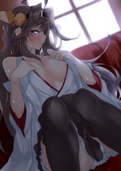  1girl absurdres between_legs black_legwear breasts brown_hair brown_skirt cleavage collarbone couch detached_sleeves dutch_angle frilled_skirt frills highres indoors japanese_clothes kantai_collection kimono kongou_(kantai_collection) large_breasts long_sleeves looking_at_viewer nebu_soku nontraditional_miko on_couch open_clothes open_kimono profile sitting skirt solo sweatdrop thigh-highs undressing violet_eyes wide_sleeves window 