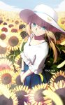  1girl blonde_hair fate/stay_night fate_(series) field flower flower_field green_eyes hat long_hair magicians_(zhkahogigzkh) ponytail saber smile solo sun_hat sunflower 