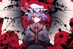  1girl ascot bat_wings blood blood_on_face dress hat hat_ribbon highres lavender_hair long_sleeves looking_at_viewer mob_cap puffy_sleeves red_background red_eyes remilia_scarlet ribbon rihito_(usazukin) sash simple_background smile solo text touhou upper_body wings 