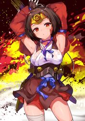  1girl a_k_o arms_up bandages bangs blush brown_hair choker helmet highres japanese_clothes koutetsujou_no_kabaneri looking_at_viewer mumei_(kabaneri) red_eyes revision ribbon ribbon_choker short_hair solo tattoo 