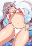 1girl alternate_costume aoiakira553 bikini breasts brown_hair from_below hair_ornament kantai_collection large_breasts long_hair looking_at_viewer midriff navel open_mouth side-tie_bikini solo striped striped_bikini swimsuit very_long_hair yamato_(kantai_collection) 