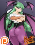  1girl agawa_ryou ass bat_print breasts demon_girl green_hair head_wings large_breasts long_hair looking_at_viewer morrigan_aensland pantyhose print_legwear sideboob smile solo succubus thighs vampire_(game) 