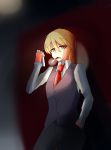  1girl aen030 blonde_hair cigarette cowboy_shot formal hand_in_pocket highres kanbi_marisa kirisame_marisa looking_at_viewer necktie short_hair smoke smoking solo touhou yellow_eyes 