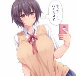  1girl arm_at_side bangs between_breasts black_hair blue_skirt blush breasts brown_eyes closed_mouth collared_shirt dress_shirt dutch_angle hair_between_eyes hasu_(hk_works) holding huge_breasts looking_at_viewer neck_ribbon original phone red_ribbon ribbon school_uniform shirt short_hair short_sleeves simple_background skirt solo sweater_vest thought_bubble translated upper_body white_background white_shirt 