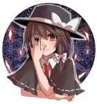  1girl asa_(coco) black_hat brown_eyes brown_hair capelet eyebrows eyebrows_visible_through_hair floral_background glowing glowing_eye hair_between_eyes hat hat_ribbon ribbon short_hair smile touhou usami_renko white_blouse 