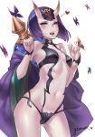  1girl butterfly fate/grand_order fate_(series) gourd gtunver horns japanese_clothes jewelry kimono navel oni open_mouth purple_hair short_hair shuten_douji_(fate/grand_order) simple_background solo violet_eyes 