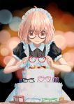 1girl alternate_costume apron bandaged_hands black-framed_glasses blue-framed_glasses brown_eyes cake cherry enmaided food frilled_apron frills fruit glasses green-framed_glasses heart_glasses holding holding_glasses kuriyama_mirai kyoukai_no_kanata lens_flare maid maid_headdress orange-framed_glasses orange_hair pineapple_slice pink-framed_glasses puffy_short_sleeves puffy_sleeves purple-framed_glasses red-framed_glasses short_sleeves solo wavy_mouth xiao_(shigewuliaoren)