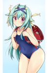  1girl aqua_hair backpack bag bare_shoulders blush collarbone covered_navel hair_between_eyes hair_intakes hair_ornament long_hair looking_at_viewer mogami_yoshiaki_(sengoku_collection) one-piece_swimsuit randoseru school_swimsuit sengoku_collection smile solo sunuu_(miya) swimsuit violet_eyes x_hair_ornament 