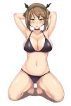  1girl alternate_costume arms_behind_back bare_arms bare_legs barefoot bikini black_bikini breasts cleavage full_body green_eyes headgear highres kantai_collection kneeling large_breasts light_brown_hair looking_back midriff monoku mutsu_(kantai_collection) navel swimsuit tongue tongue_out 