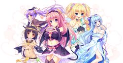  5girls angel_wings aoi_miyabi aqua_eyes arisegawa_arle ayasaki_yuu_(boku_to_koi_suru_ponkotsu_akuma.) bare_shoulders black_hair blonde_hair blue_hair blush boku_to_koi_suru_ponkotsu_akuma. book braid breasts bridal_gauntlets choker cleavage cleavage_cutout covering covering_breasts demon_girl demon_horns demon_tail demon_wings egyptian floating_hair flower fujima_emiri garter_straps hair_flower hair_ornament hat heart holding horns japanese_clothes jar kimono kiritani_riria large_breasts licking long_hair long_sleeves looking_at_viewer midriff mini_hat multiple_girls navel obi off_shoulder official_art open_mouth pink_hair red_eyes sash sayori skirt tail tasting transparent_background two_side_up violet_eyes white_background wings witch_hat 