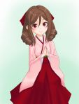  1girl blush bow brown_hair drill_hair hair_bow hakama hands_together harukaze_(kantai_collection) highres japanese_clothes kantai_collection kimono long_hair looking_at_viewer meiji_schoolgirl_uniform pink_kimono red_bow red_eyes red_hakama smile solo t2r twin_drills wide_sleeves 