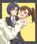  2girls black_hair brown_eyes brown_hair collar collarbone dress formal futami_mami gloves hair_ornament idolmaster kikuchi_makoto lieass long_hair looking_at_viewer multiple_girls necktie open_mouth ponytail short_hair strapless strapless_dress suit wedding_dress white_dress white_gloves 