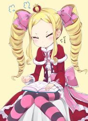  1girl beatrice_(re:zero) blonde_hair blush book bow capelet closed_eyes crown dress drill_hair fur_trim hair_ribbon highres ketsueki long_hair mini_crown open_book pantyhose pomf re:zero_kara_hajimeru_isekai_seikatsu ribbon sidelocks sitting solo striped striped_legwear twin_drills twintails 