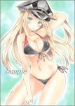  1girl :o alternate_costume armpits bikini bismarck_(kantai_collection) blonde_hair blue_background blue_eyes blush border breasts cleavage colored_pencil_(medium) contrapposto gradient gradient_background hand_behind_head hand_in_hair hat kantai_collection long_hair looking_at_viewer marker_(medium) military_hat potto_(minntochan) sample side-tie_bikini solo swimsuit traditional_media 