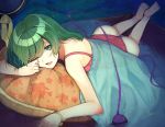  1girl barefoot green_eyes green_hair hat hat_removed headwear_removed komeiji_koishi lying on_stomach one_eye_closed open_mouth panties pillow red_panties revision scroll_lock_(scrool5) short_hair signature solo third_eye touhou underwear 